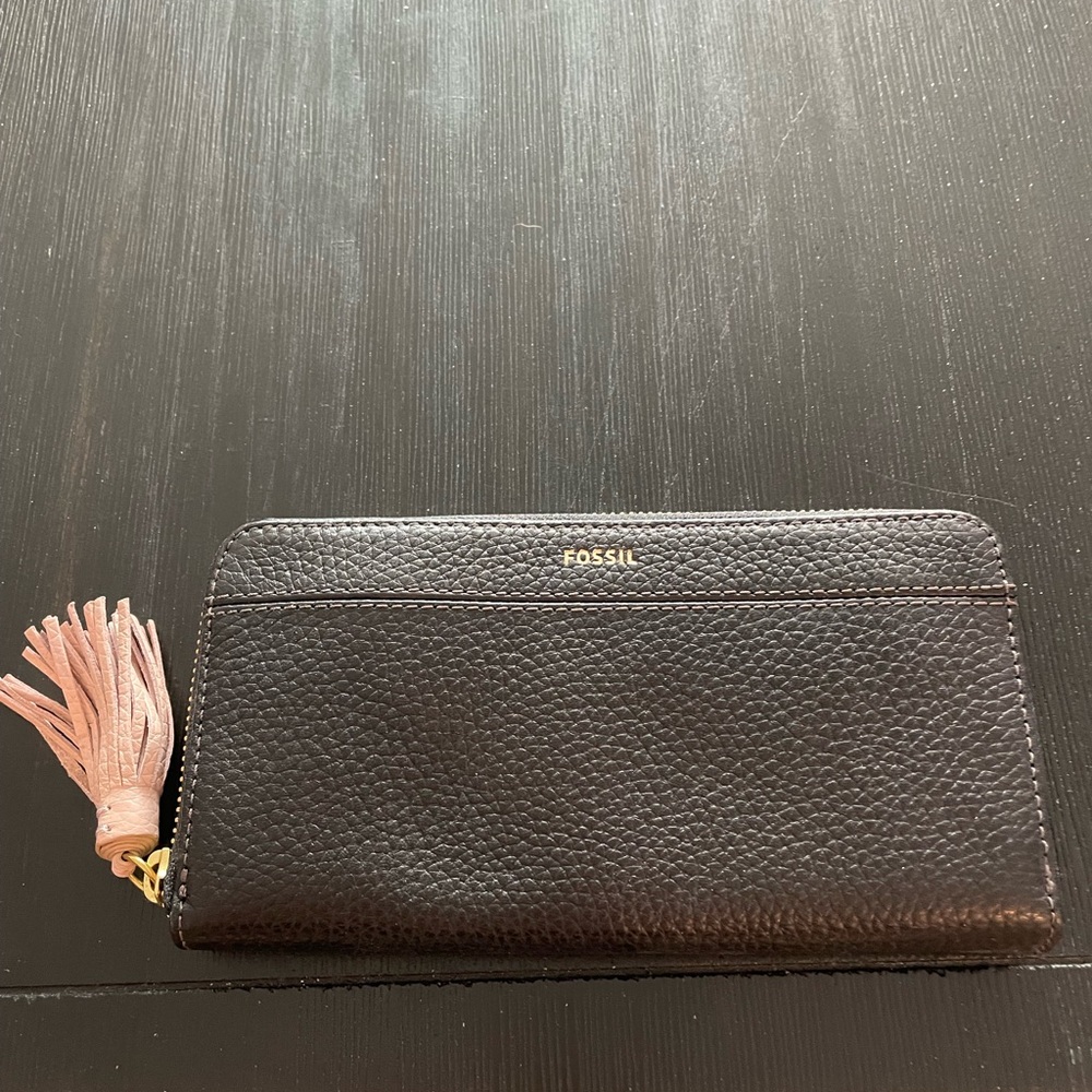 Fossil Black Leather Wallet with Tassel Accent